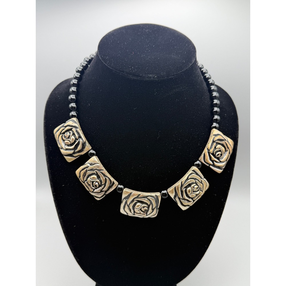 Vintage Black Bead Rose Panel Statement Necklace Silver Tone Floral Choker #1157